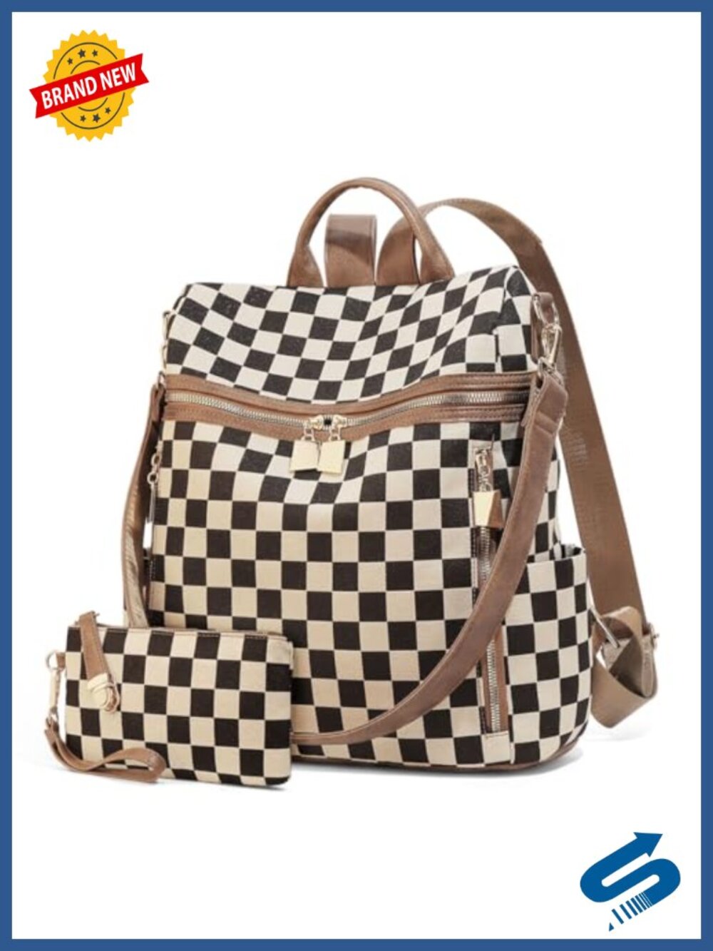 Checkered Canvas PU Backpack Purse Plaid Backpack Handbag for Work Travel